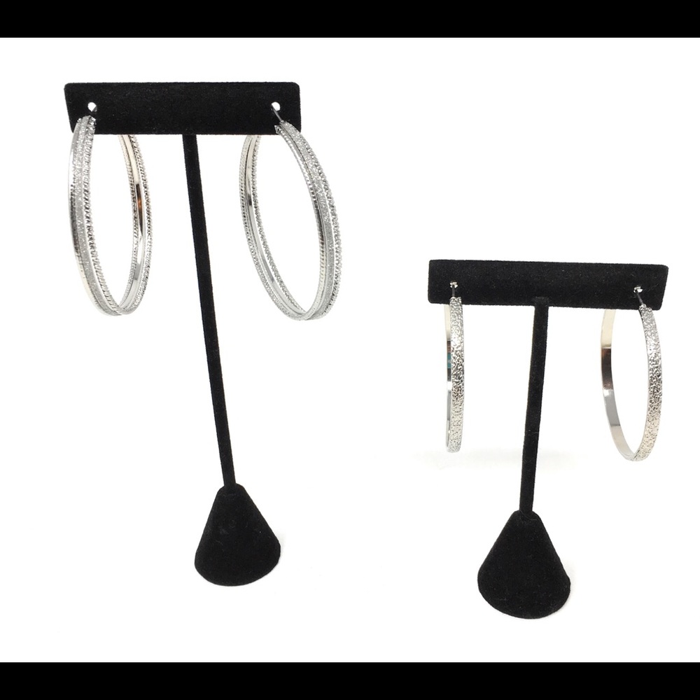 Silver Hoop Earrings Textured Style Two Pair Set